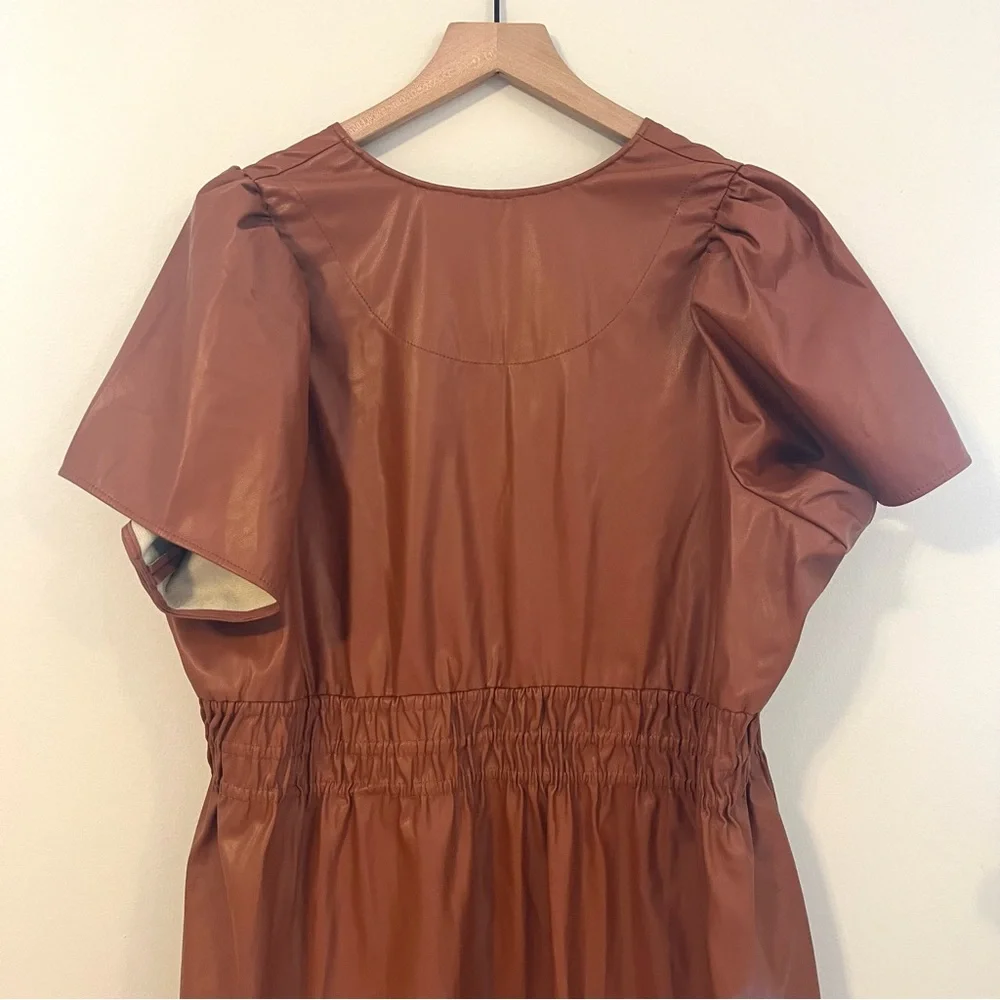 Anthropologie Women’s The Somerset Mini Dress Size 1X Faux Leather Cognac Brown - Picture 10 of 12